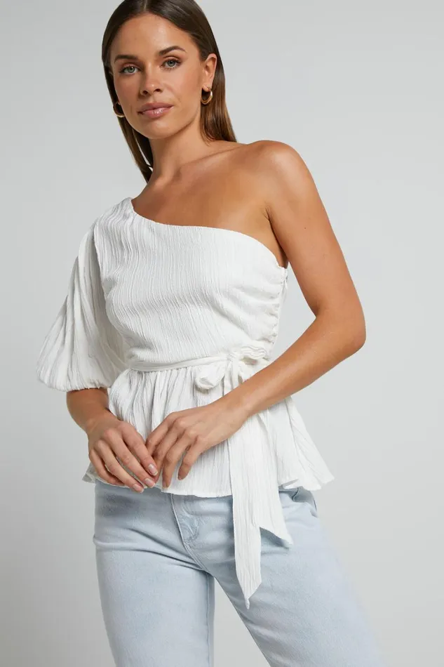 Feliah Top 8211 One Shoulder Puff Sleeve Waist Tie Top In Ivory Women Showpo Tops