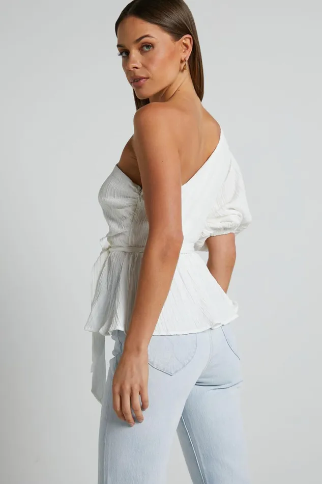 Feliah Top 8211 One Shoulder Puff Sleeve Waist Tie Top In Ivory Women Showpo Tops