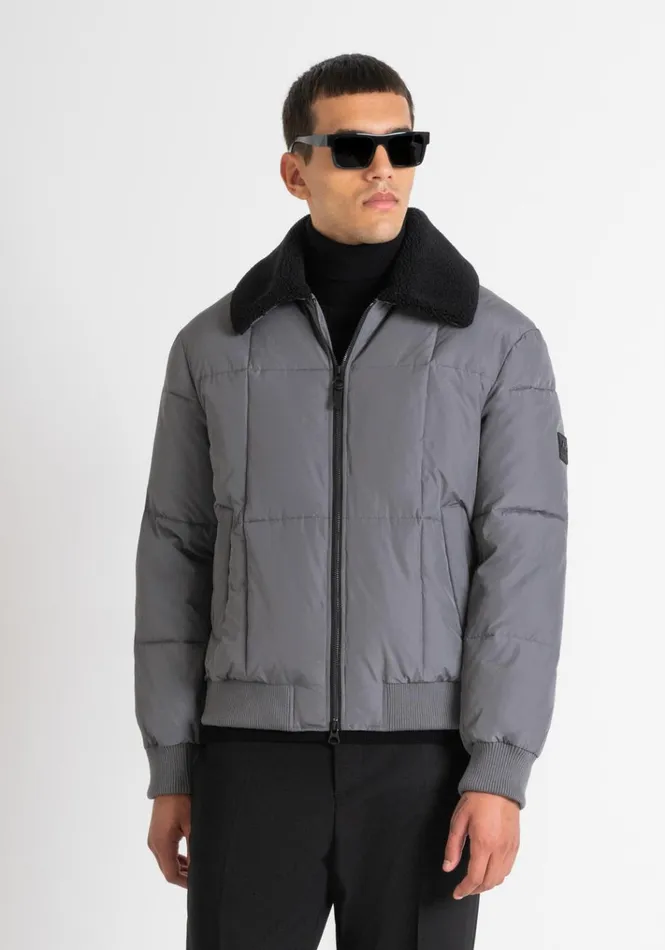 Field Jackets And Coats Men Antony Morato Grey Regular Fit Down Jacket With Faux Fur And Dupont Sorona Synthetic Padding Anthracite