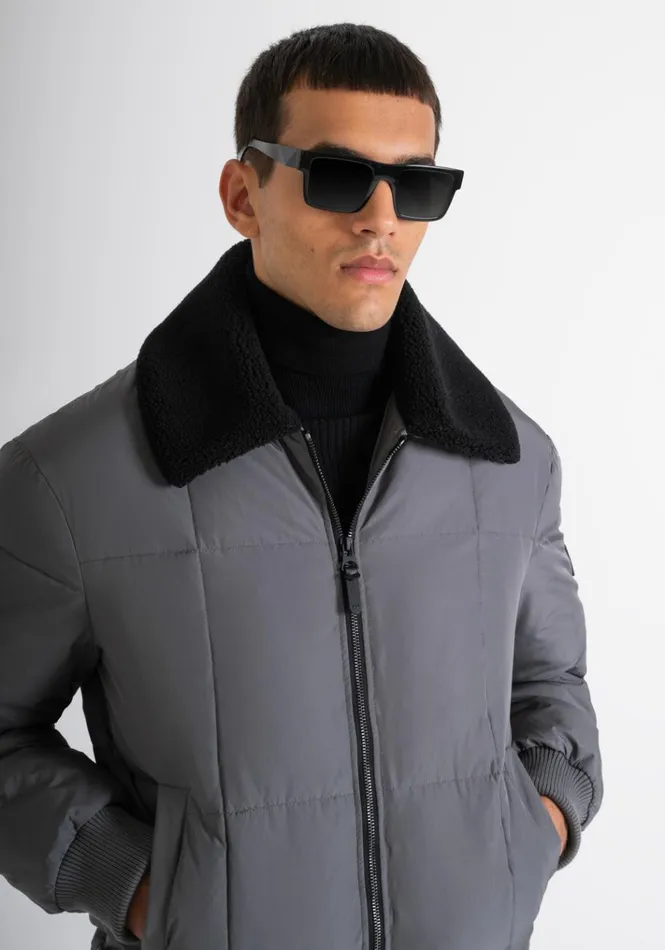 Field Jackets And Coats Men Antony Morato Grey Regular Fit Down Jacket With Faux Fur And Dupont Sorona Synthetic Padding Anthracite