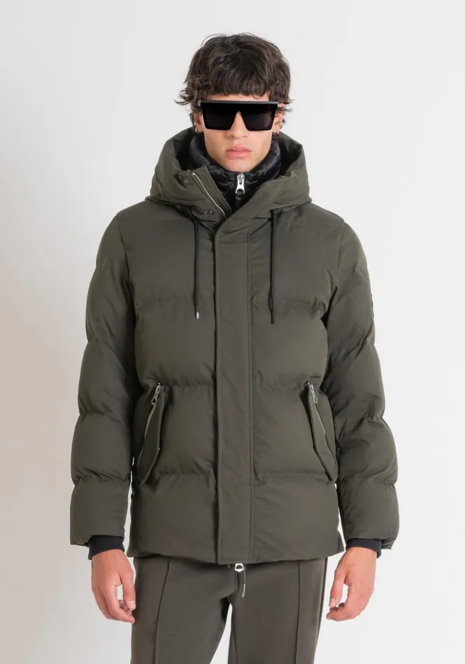 Field Jackets And Coats Men Antony Morato Regular Fit Down Jacket In Green Technical Fabric And Synthetic Padding Dark Olive Green Field Jackets And Coats Men Antony Morato Regular Fit Down Jacket In Green Technical Fabric And Synthetic Padding Dark Olive Green