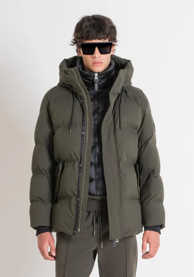Field Jackets And Coats Men Antony Morato Regular Fit Down Jacket In Green Technical Fabric And Synthetic Padding Dark Olive Green