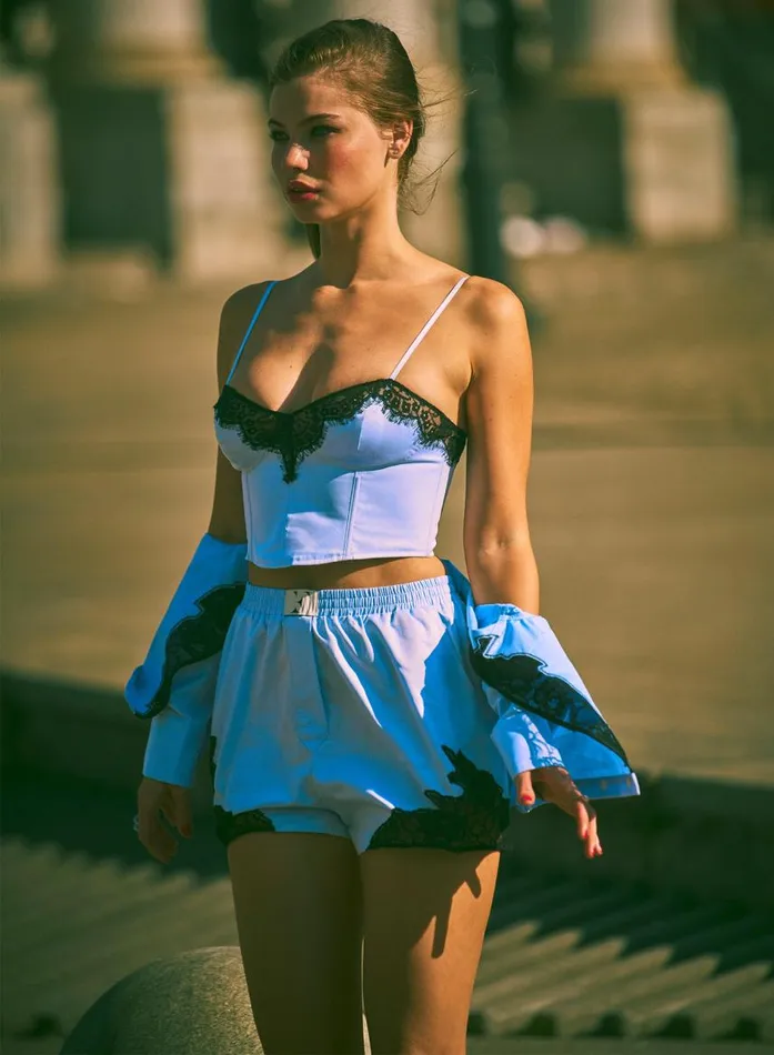 Fleur Du Mal Bridal Women Poplin U0026 Lace Bustier Ice Blue Fleur Du Mal Bridal Women Poplin U0026 Lace Bustier Ice Blue