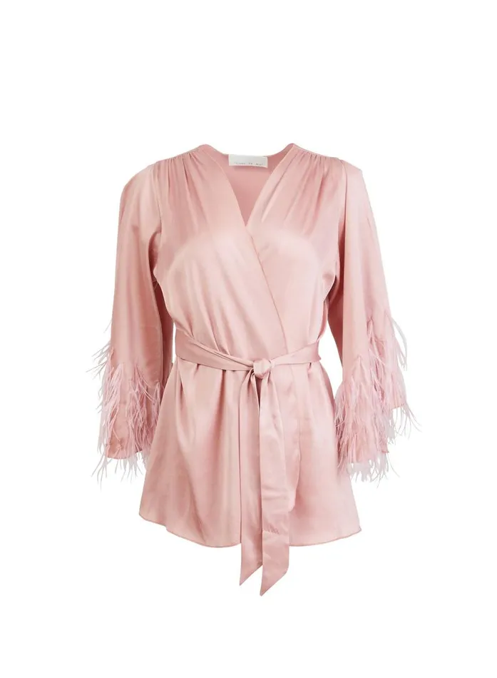 Fleur Du Mal Loungewear Women Feather Embellished Angel Sleeve Robe Rose Pink Fleur Du Mal Loungewear Women Feather Embellished Angel Sleeve Robe Rose Pink