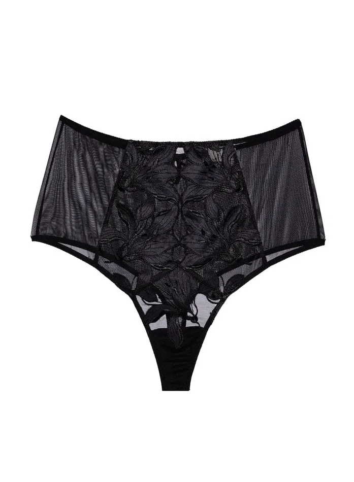 Fleur Du Mal Thongs Women Lily Embroidery High Waist Thong Black