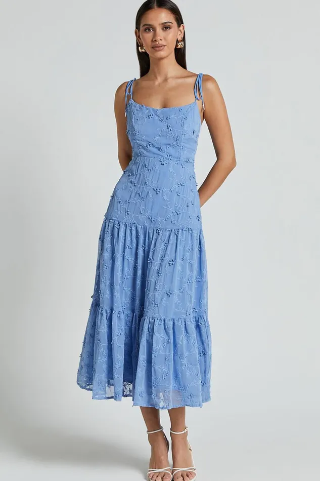 Francesca Midi Dress 8211 Tie Shoulder Tiered Embroided Dress In Cornflower Blue Women Showpo Dresses Francesca Midi Dress 8211 Tie Shoulder Tiered Embroided Dress In Cornflower Blue Women Showpo Dresses