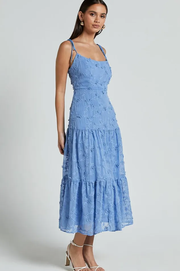 Francesca Midi Dress 8211 Tie Shoulder Tiered Embroided Dress In Cornflower Blue Women Showpo Dresses
