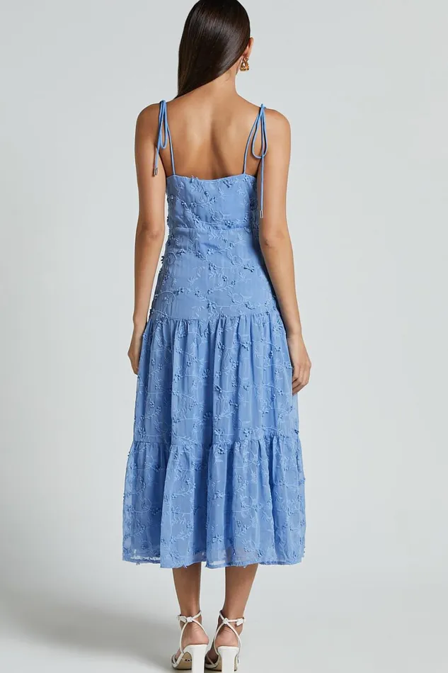 Francesca Midi Dress 8211 Tie Shoulder Tiered Embroided Dress In Cornflower Blue Women Showpo Dresses