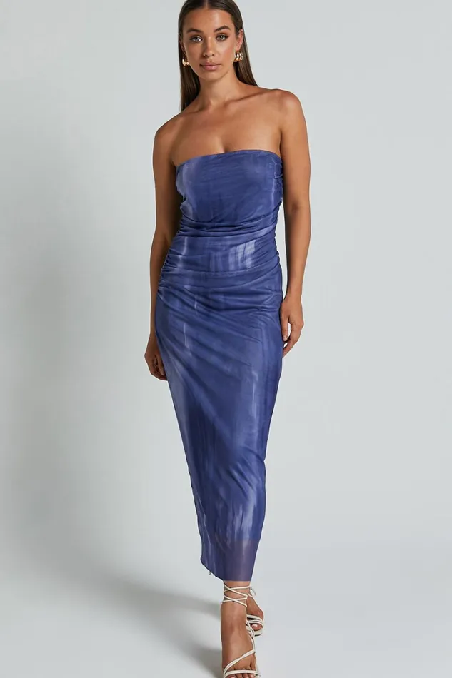 Frelynn Midi Dress 8211 Strapless Ruched Slip Dress In Blue Women Showpo Dresses