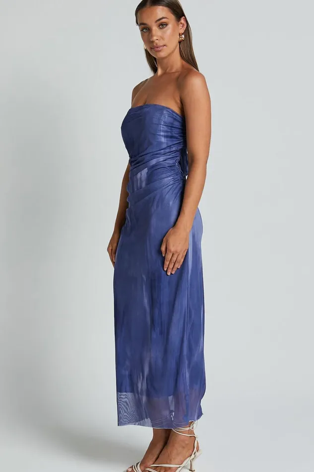 Frelynn Midi Dress 8211 Strapless Ruched Slip Dress In Blue Women Showpo Dresses