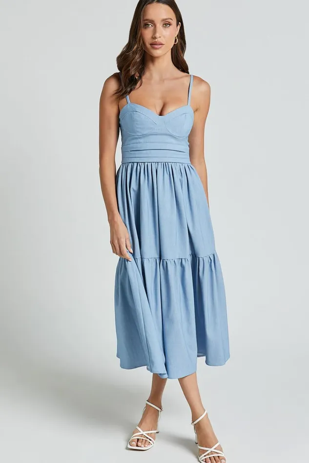 Gem Midi Dress 8211 Strappy Sweetheart Tier Dress In Light Blue Women Showpo Dresses
