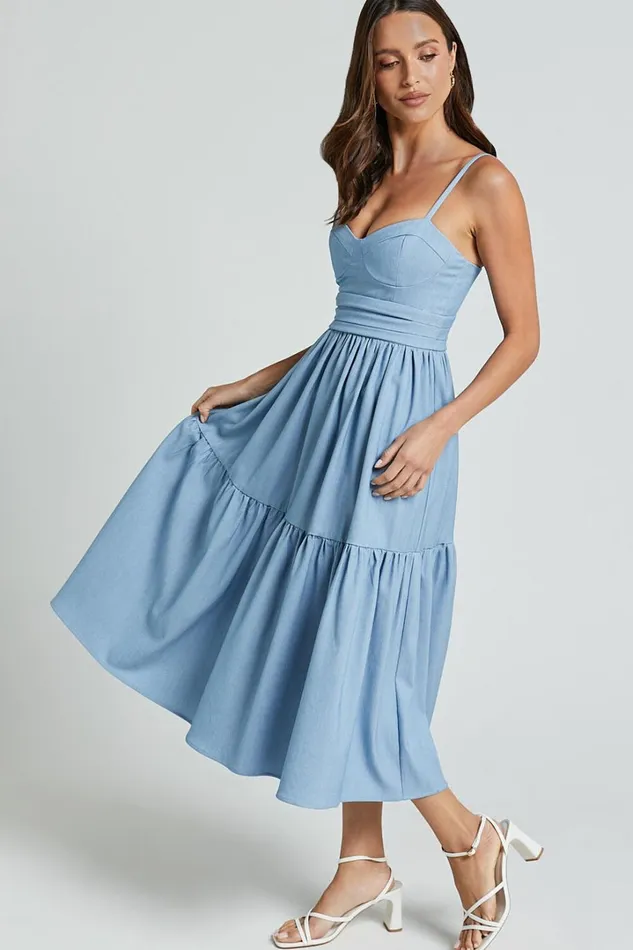 Gem Midi Dress 8211 Strappy Sweetheart Tier Dress In Light Blue Women Showpo Dresses
