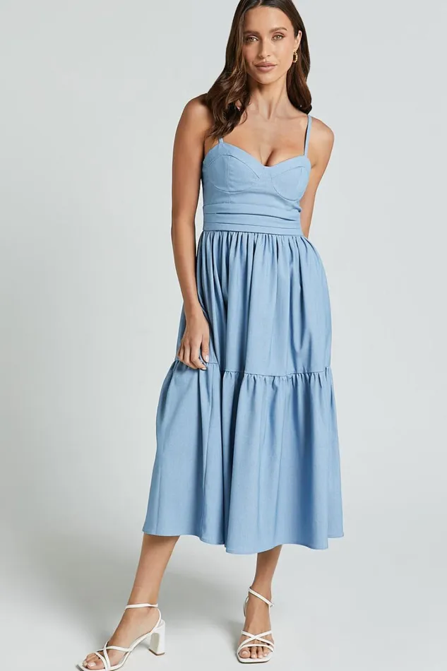 Gem Midi Dress 8211 Strappy Sweetheart Tier Dress In Light Blue Women Showpo Dresses