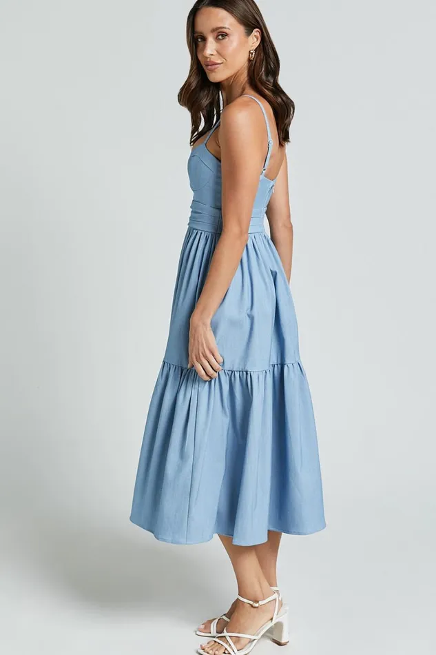 Gem Midi Dress 8211 Strappy Sweetheart Tier Dress In Light Blue Women Showpo Dresses