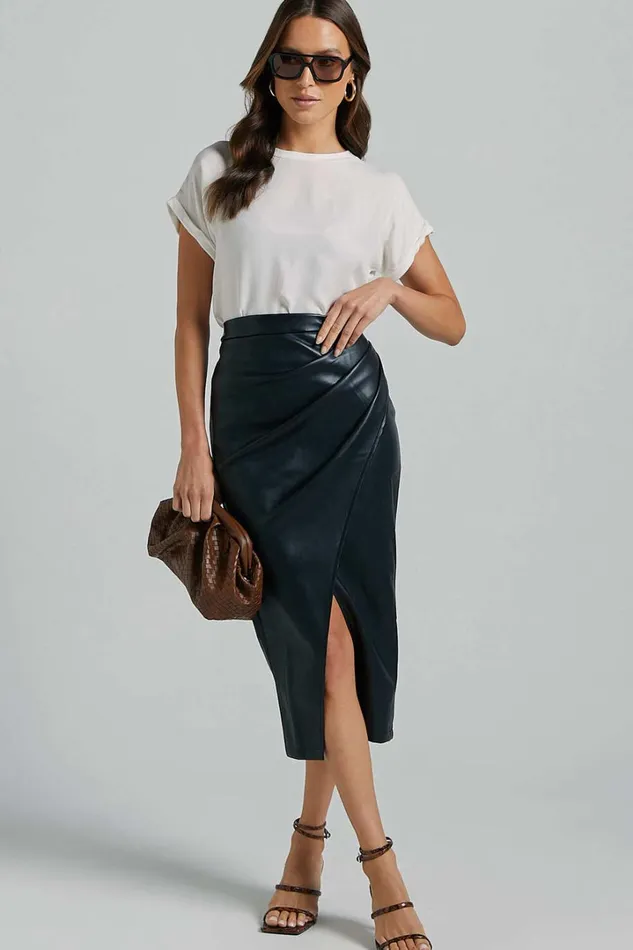 Gena Midi Skirt 8211 Split Faux Leather Skirt In Black Women Showpo Suits and Tailoring Gena Midi Skirt 8211 Split Faux Leather Skirt In Black Women Showpo Suits and Tailoring