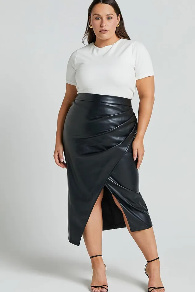 Gena Midi Skirt 8211 Split Faux Leather Skirt In Black Women Showpo Suits and Tailoring