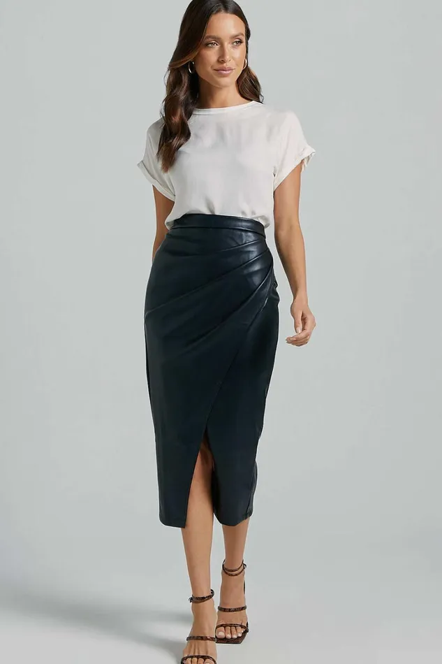 Gena Midi Skirt 8211 Split Faux Leather Skirt In Black Women Showpo Suits and Tailoring