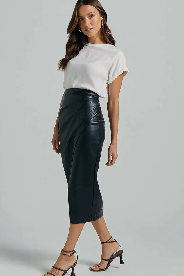 Gena Midi Skirt 8211 Split Faux Leather Skirt In Black Women Showpo Suits and Tailoring
