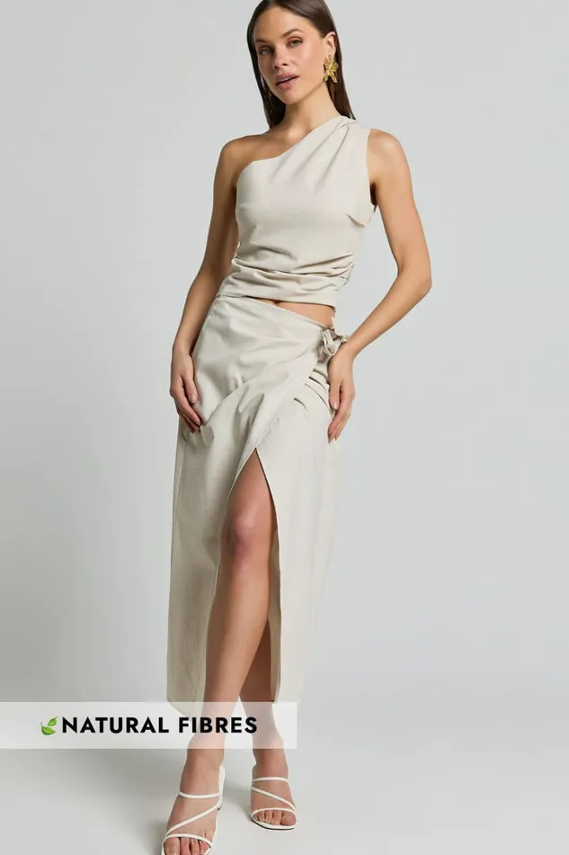 Genna Midi Skirt 8211 Linen Look Wrap Skirt In Natural Women Showpo Conscious