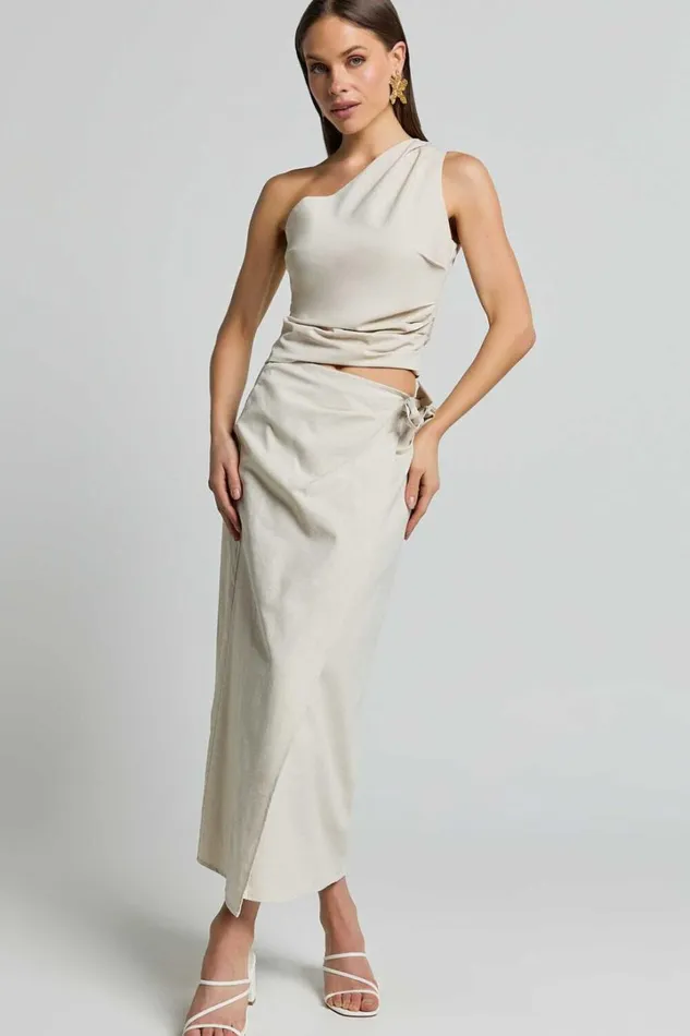 Genna Midi Skirt 8211 Linen Look Wrap Skirt In Natural Women Showpo Conscious