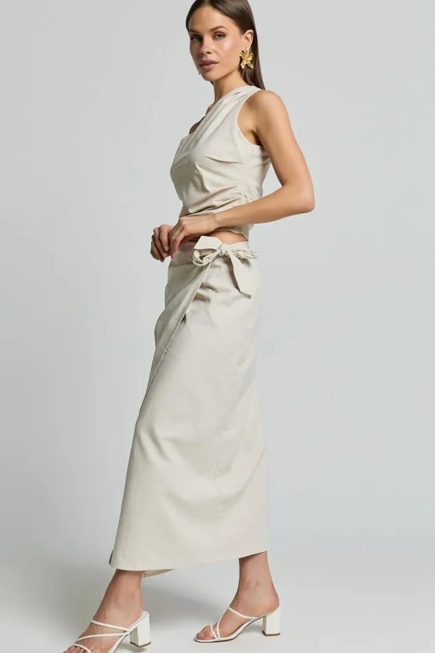 Genna Midi Skirt 8211 Linen Look Wrap Skirt In Natural Women Showpo Conscious