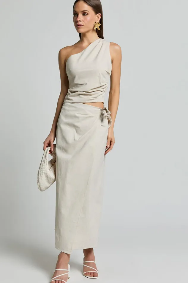 Genna Midi Skirt 8211 Linen Look Wrap Skirt In Natural Women Showpo Conscious
