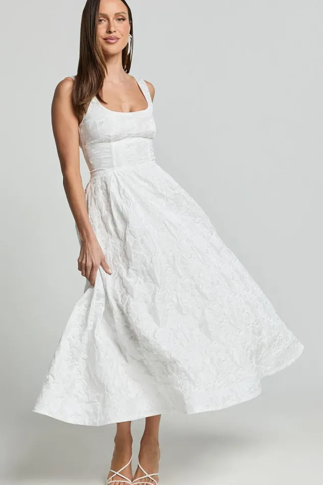Georgine Midi Dress 8211 Square Neck Fit And Flare Jacquard Dress In Ivory Women Showpo Dresses Georgine Midi Dress 8211 Square Neck Fit And Flare Jacquard Dress In Ivory Women Showpo Dresses