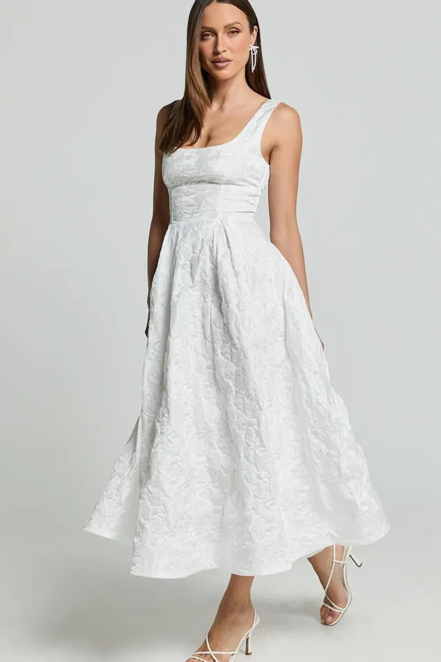 Georgine Midi Dress 8211 Square Neck Fit And Flare Jacquard Dress In Ivory Women Showpo Dresses