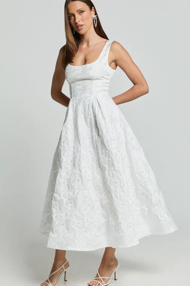 Georgine Midi Dress 8211 Square Neck Fit And Flare Jacquard Dress In Ivory Women Showpo Dresses