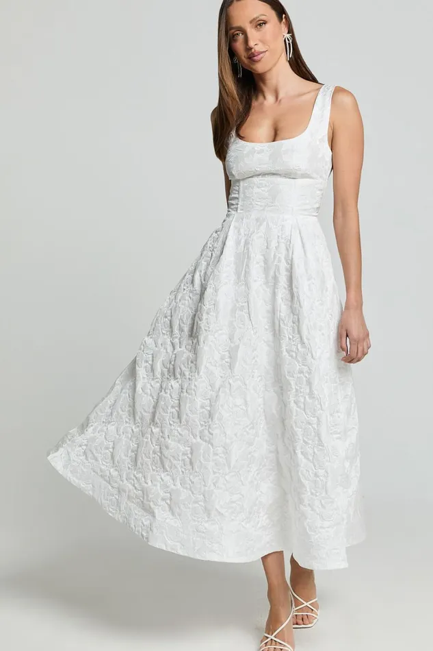 Georgine Midi Dress 8211 Square Neck Fit And Flare Jacquard Dress In Ivory Women Showpo Dresses