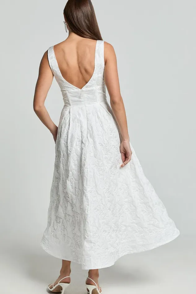 Georgine Midi Dress 8211 Square Neck Fit And Flare Jacquard Dress In Ivory Women Showpo Dresses