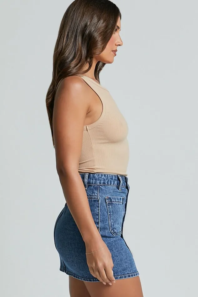 Gertrude Mini Skirt 8211 High Waist Button Through Denim Skirt In Mid Blue Wash Women Showpo Conscious