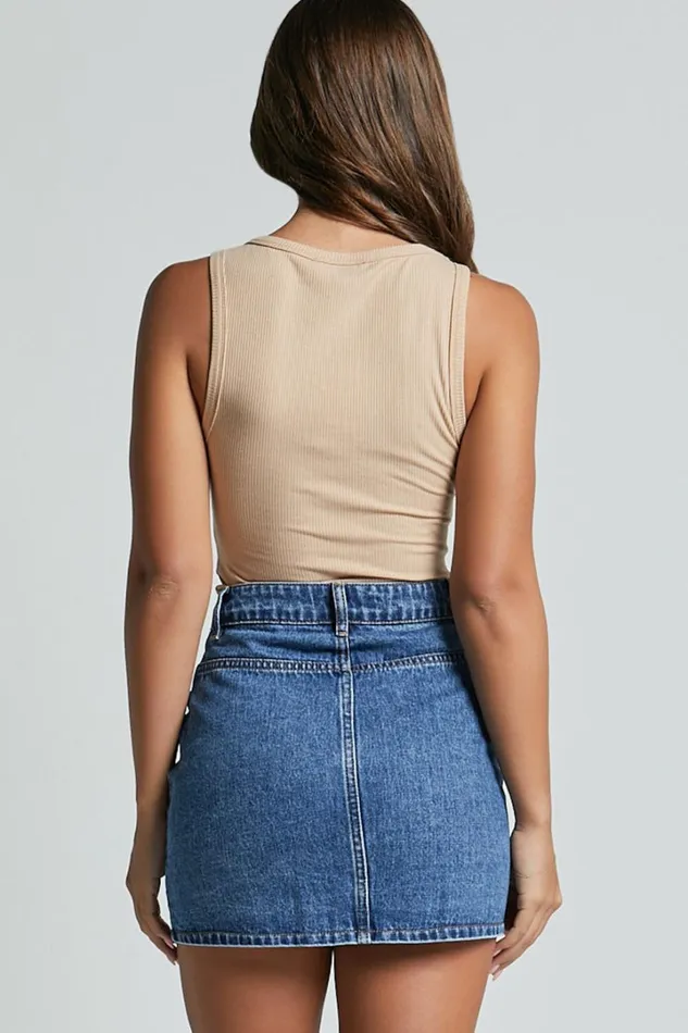 Gertrude Mini Skirt 8211 High Waist Button Through Denim Skirt In Mid Blue Wash Women Showpo Conscious
