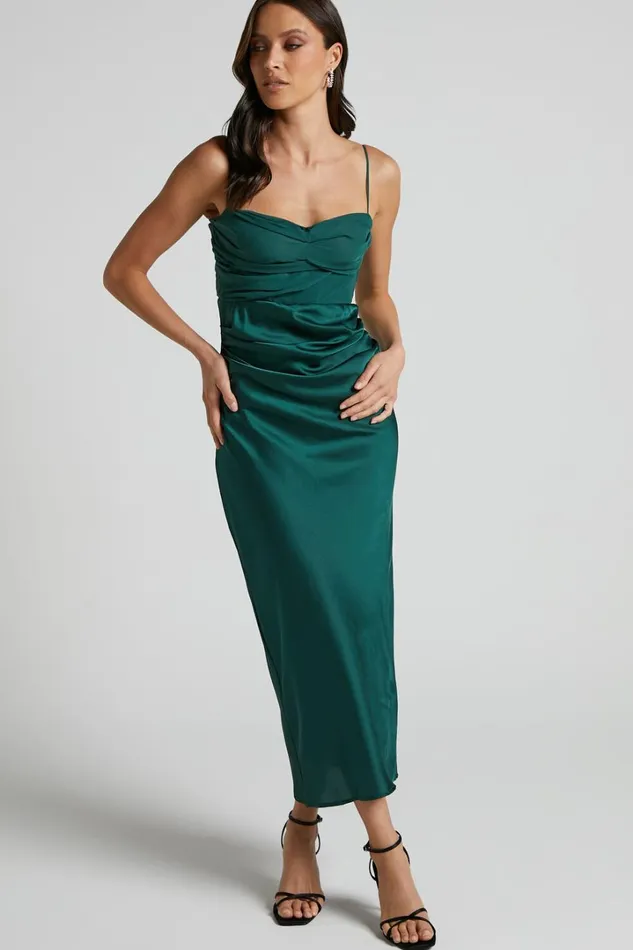Glynn Midi Dress 8211 Ruched Sweetheart Bodice Dress In Forest Green Women Showpo Dresses