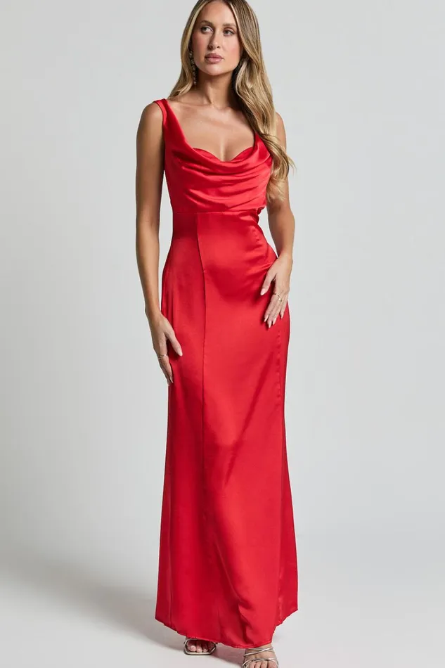 Grace Maxi Dress 8211 Cowl Neck Satin Slip Dress In Coral Red Women Showpo Dresses