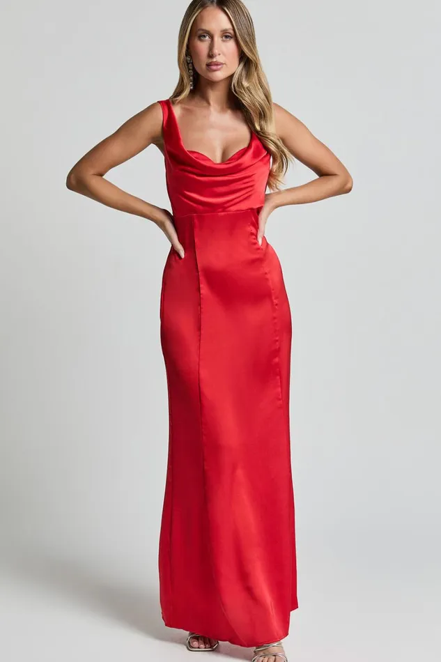 Grace Maxi Dress 8211 Cowl Neck Satin Slip Dress In Coral Red Women Showpo Dresses