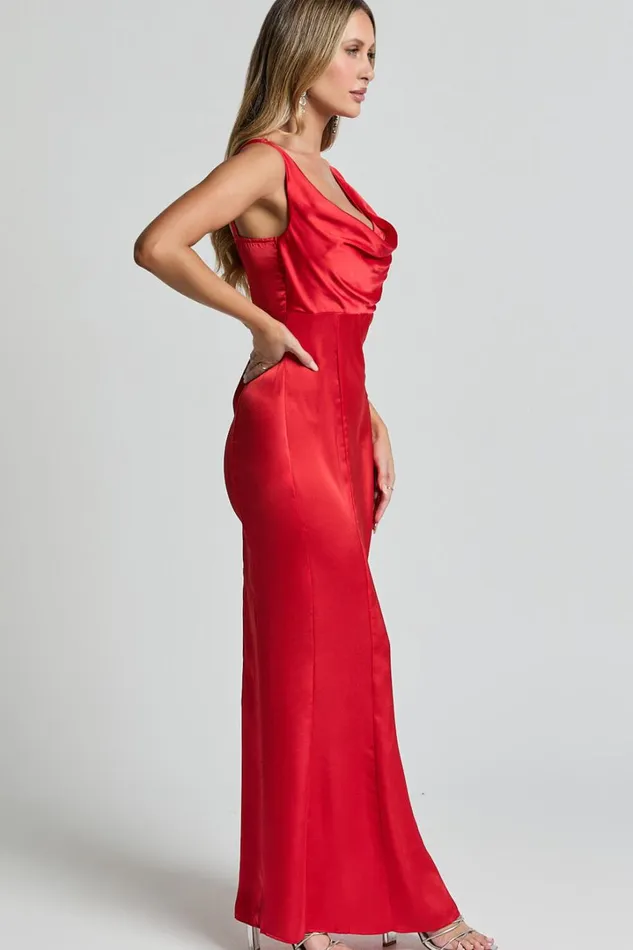 Grace Maxi Dress 8211 Cowl Neck Satin Slip Dress In Coral Red Women Showpo Dresses