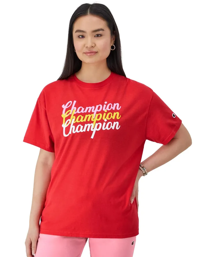 Graphic TShirt Oversized Triple Script Logo Solar Crimson Women Champion TShirts and Tops Graphic TShirt Oversized Triple Script Logo Solar Crimson Women Champion TShirts and Tops