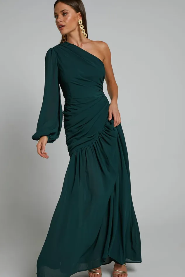 Grittah Midi Dress 8211 One Shoulder Bishop Sleeve High Split Ruched Dress In Emerald Women Showpo Curve Clothes Grittah Midi Dress 8211 One Shoulder Bishop Sleeve High Split Ruched Dress In Emerald Women Showpo Curve Clothes