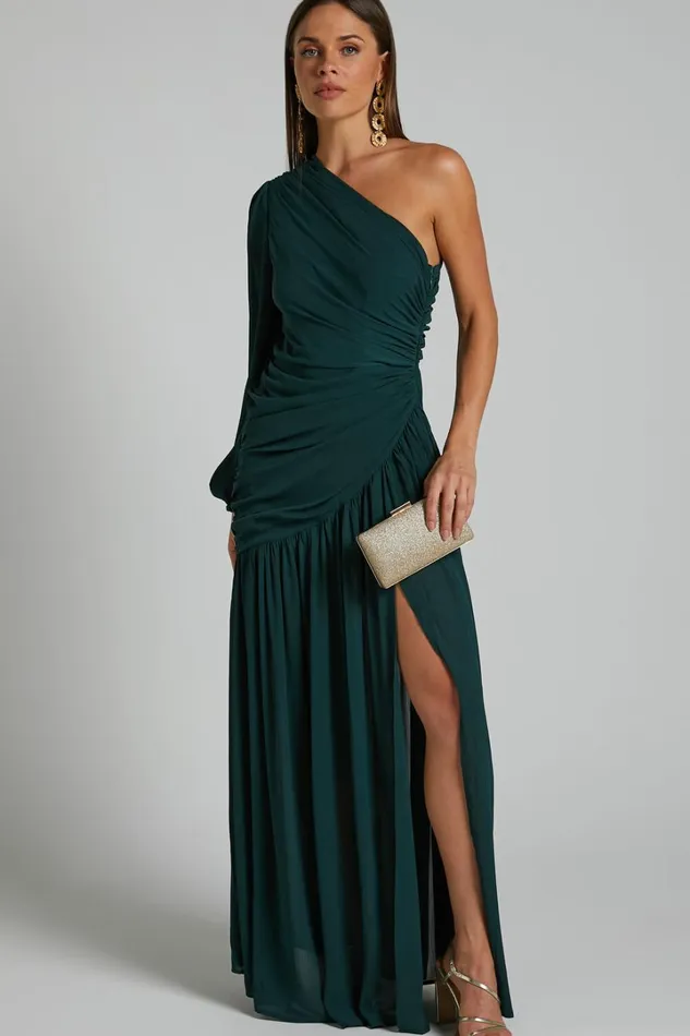 Grittah Midi Dress 8211 One Shoulder Bishop Sleeve High Split Ruched Dress In Emerald Women Showpo Curve Clothes
