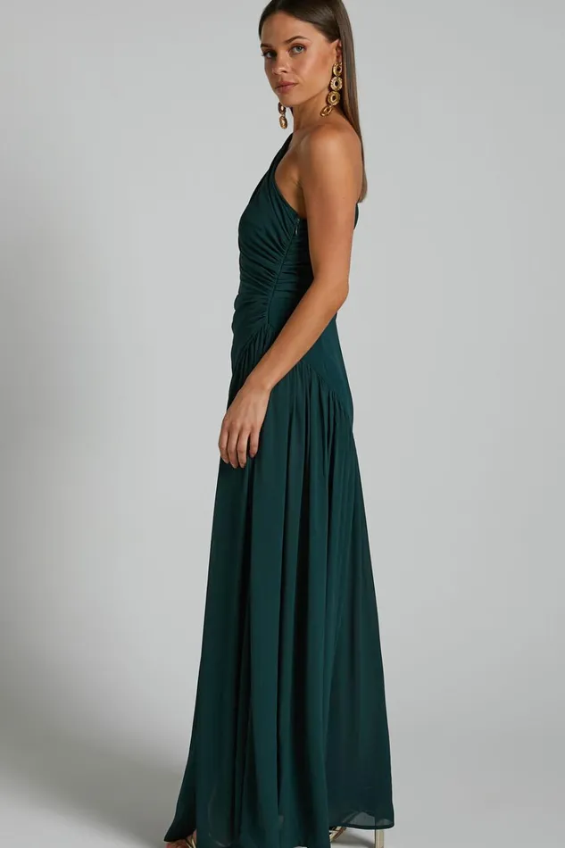 Grittah Midi Dress 8211 One Shoulder Bishop Sleeve High Split Ruched Dress In Emerald Women Showpo Curve Clothes