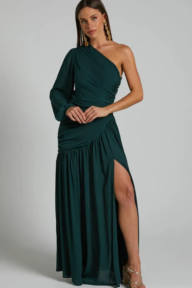 Grittah Midi Dress 8211 One Shoulder Bishop Sleeve High Split Ruched Dress In Emerald Women Showpo Curve Clothes