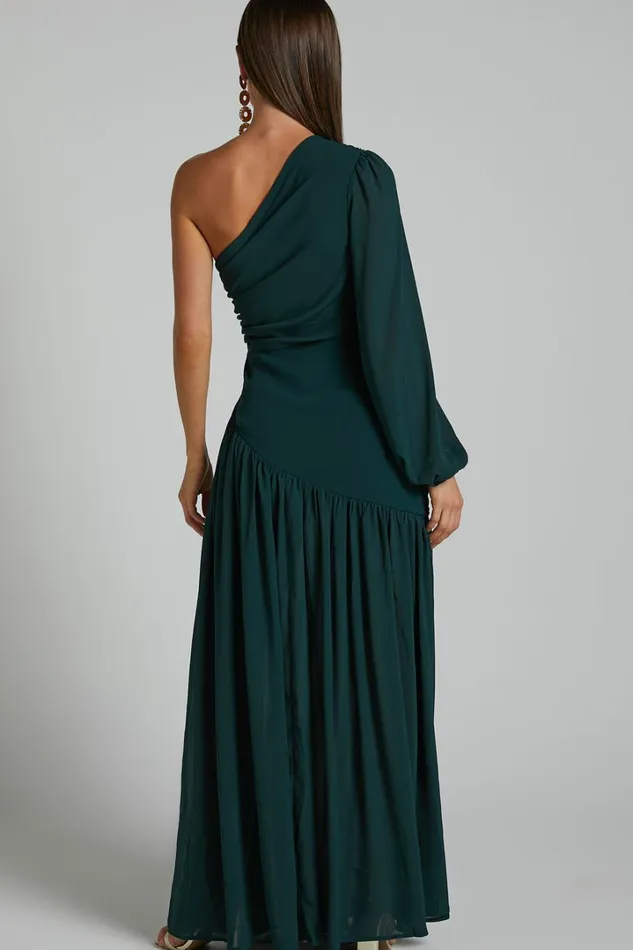 Grittah Midi Dress 8211 One Shoulder Bishop Sleeve High Split Ruched Dress In Emerald Women Showpo Curve Clothes