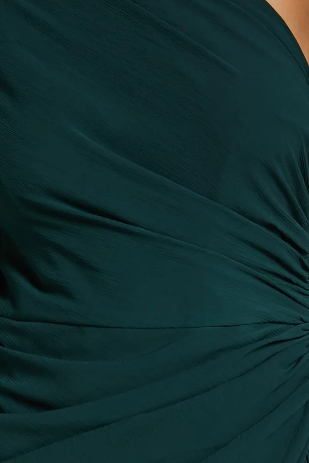 Grittah Midi Dress 8211 One Shoulder Bishop Sleeve High Split Ruched Dress In Emerald Women Showpo Curve Clothes