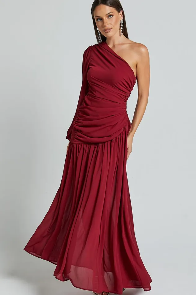 Grittah Midi Dress 8211 One Shoulder Bishop Sleeve High Split Ruched Dress In Wine Women Showpo Dresses Grittah Midi Dress 8211 One Shoulder Bishop Sleeve High Split Ruched Dress In Wine Women Showpo Dresses