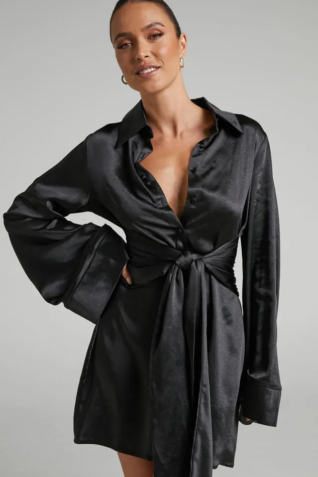Hadid Mini Dress 8211 Button Down Waist Tie Shirt Dress In Black Women Showpo Curve Clothes Hadid Mini Dress 8211 Button Down Waist Tie Shirt Dress In Black Women Showpo Curve Clothes