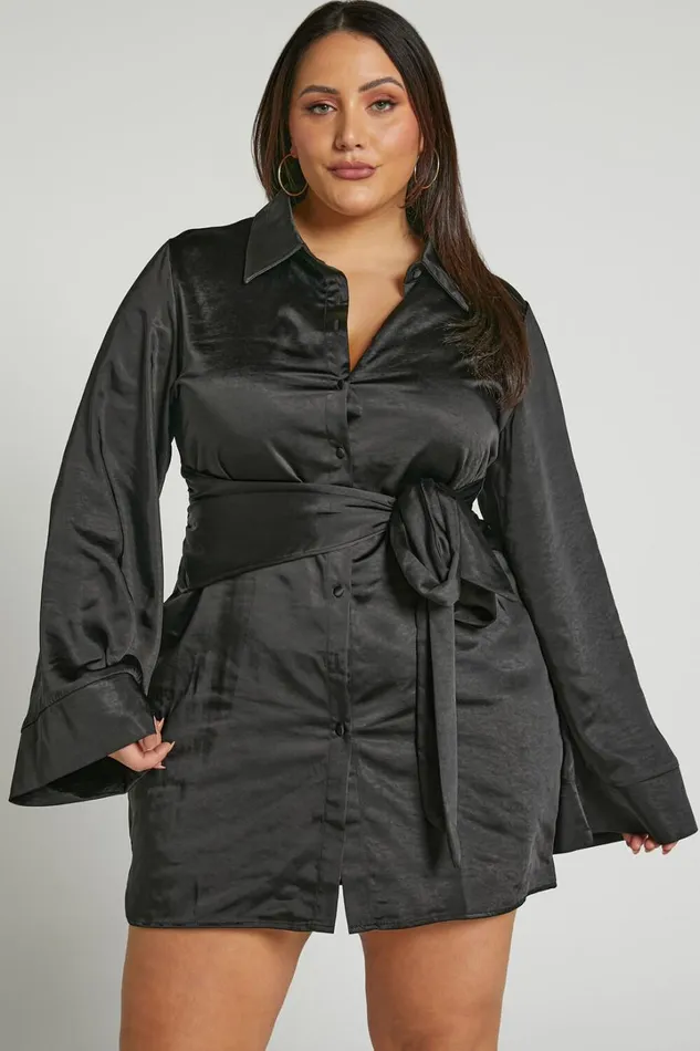 Hadid Mini Dress 8211 Button Down Waist Tie Shirt Dress In Black Women Showpo Curve Clothes