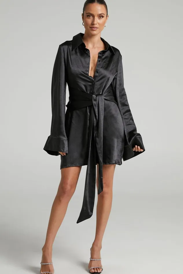 Hadid Mini Dress 8211 Button Down Waist Tie Shirt Dress In Black Women Showpo Curve Clothes