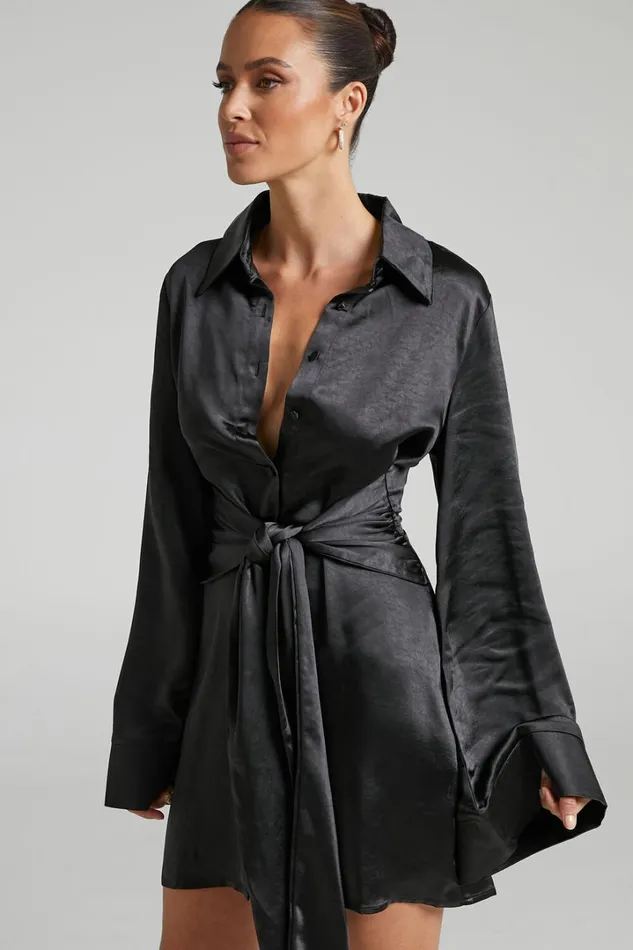 Hadid Mini Dress 8211 Button Down Waist Tie Shirt Dress In Black Women Showpo Curve Clothes