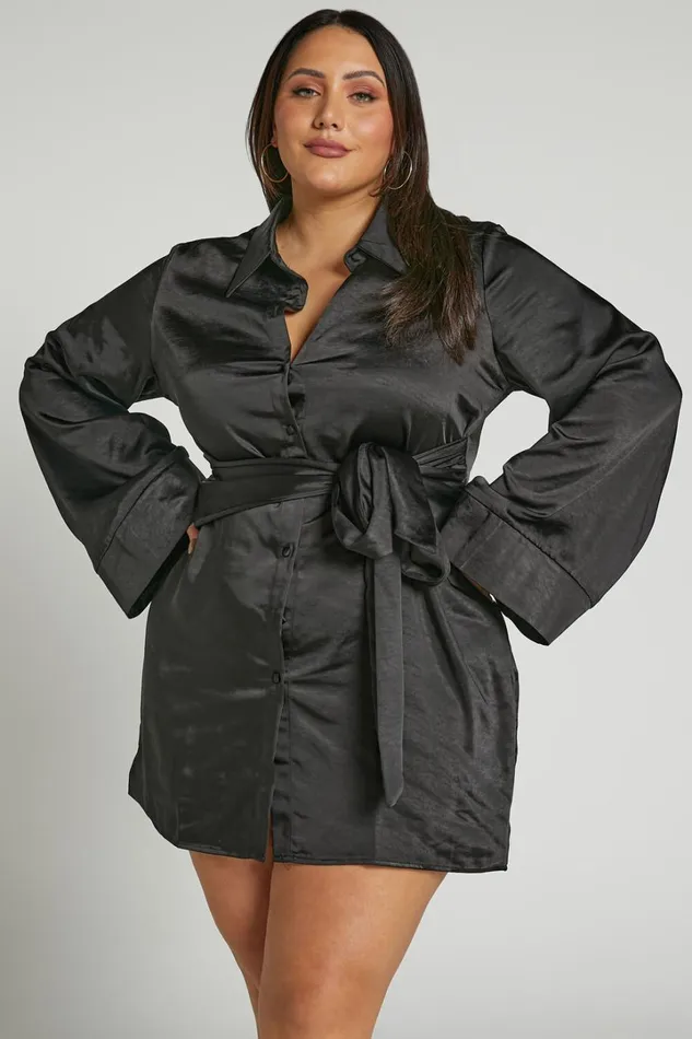 Hadid Mini Dress 8211 Button Down Waist Tie Shirt Dress In Black Women Showpo Curve Clothes